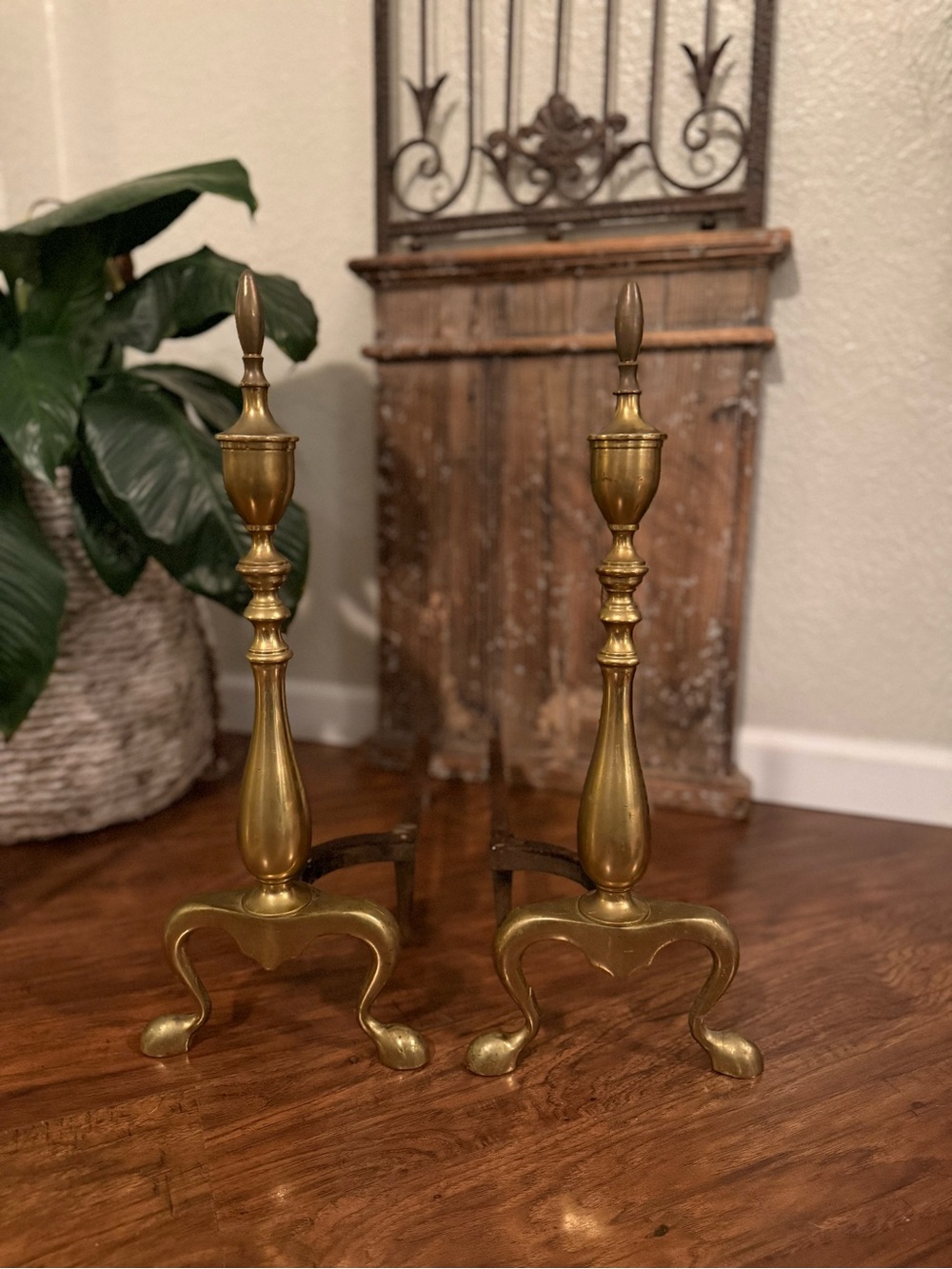 Antique 20” Tall Brass Claw Foot Fireplace Log Holder Andirons Heavy